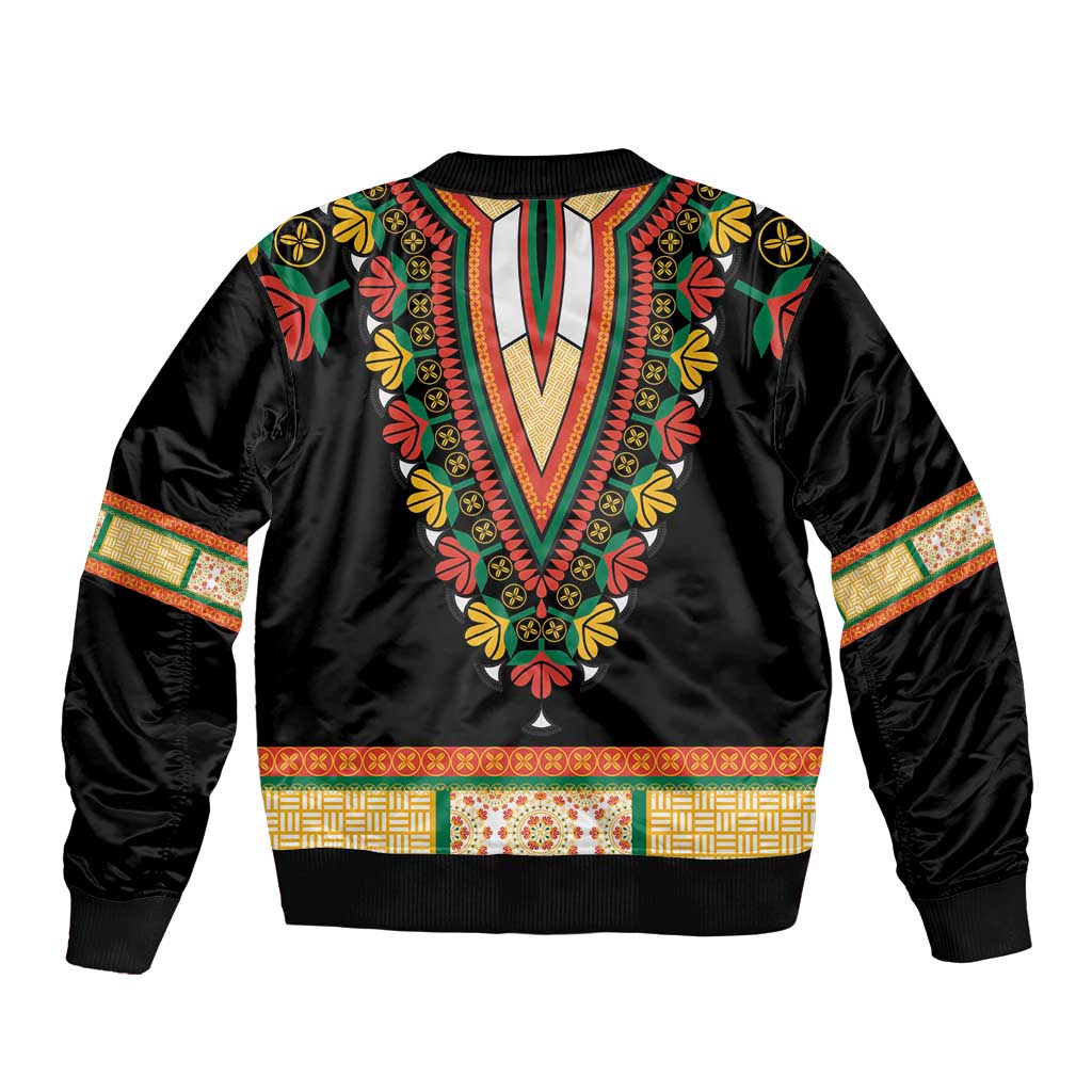 Black bomber jacket, bold floral embroidery at center and neckline, striped bands on sleeves