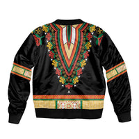 Black bomber jacket, bold floral embroidery at center and neckline, striped bands on sleeves