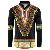 Black dashiki button sweatshirt on mannequin with floral V placket and patterned hem