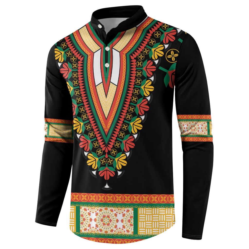 Black dashiki button sweatshirt with colorful floral V design and contrast sleeve bands