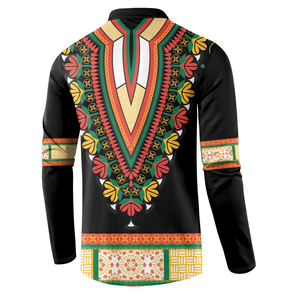 Black dashiki button sweatshirt back view with bright floral V yoke and patterned hem