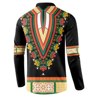 Black dashiki button sweatshirt back view with bright floral V yoke and patterned hem