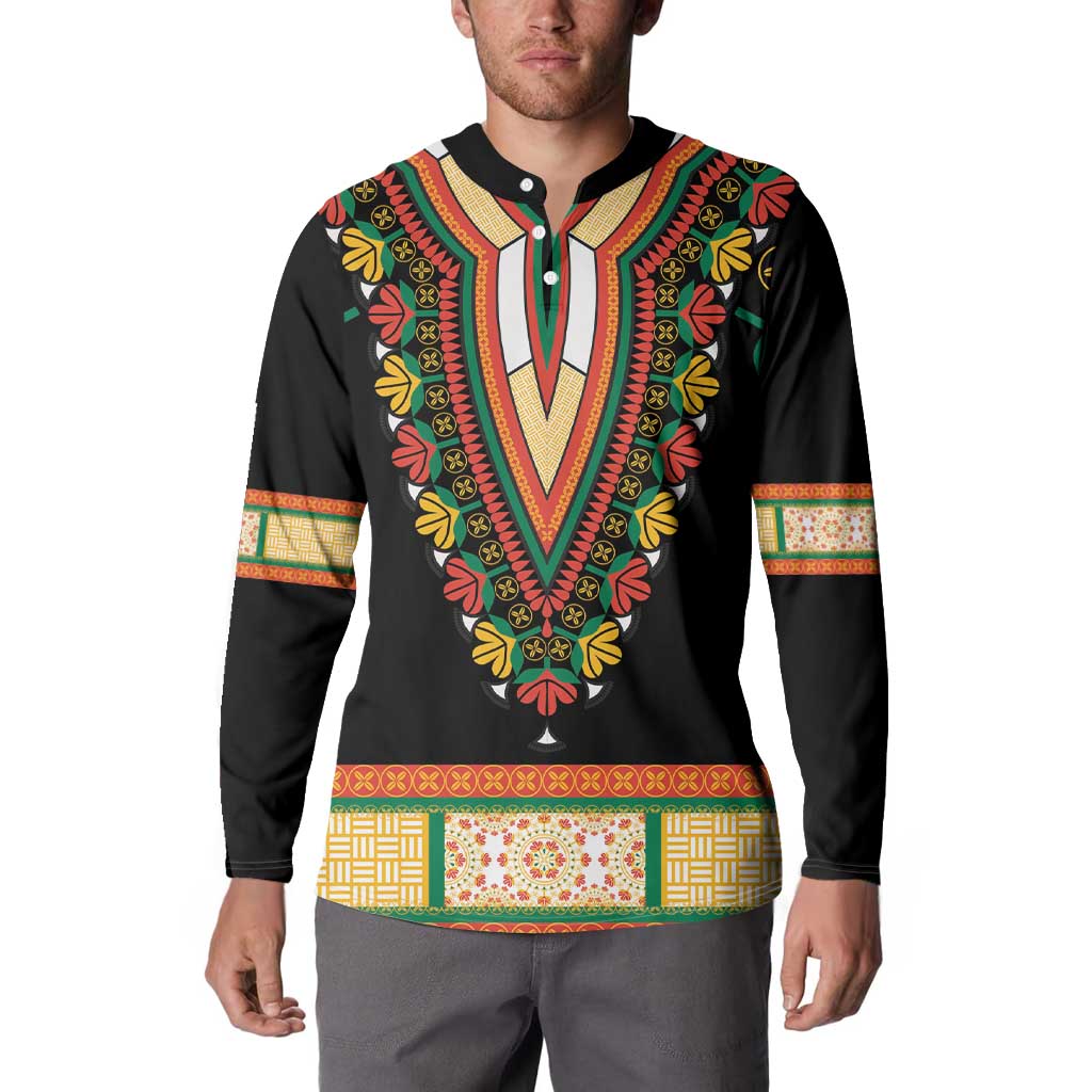 Black dashiki button sweatshirt with colorful floral V-embroidery and striped neckline