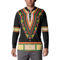 Black dashiki button sweatshirt with colorful floral V-embroidery and striped neckline