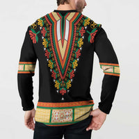 Black dashiki button sweatshirt, back view with bold floral V yoke embroidery