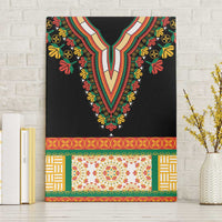 Black canvas wall art featuring embroidered floral V-neckline with multicolor border bands