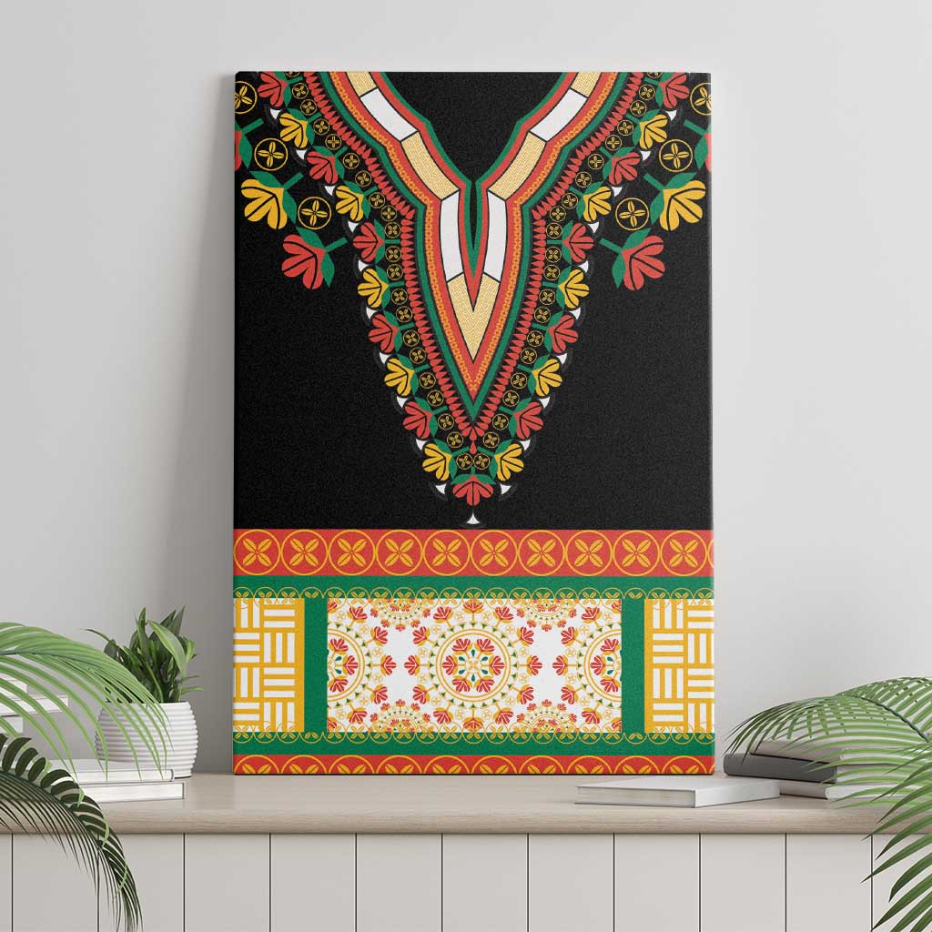 Black canvas wall art with embroidered floral V-neckline and decorative border at bottom