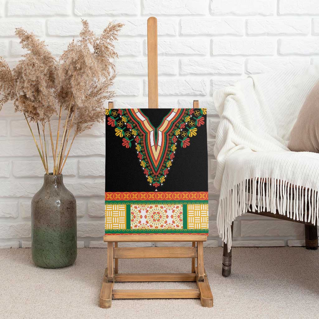 Black canvas wall art with embroidered floral V-neckline design and colorful border