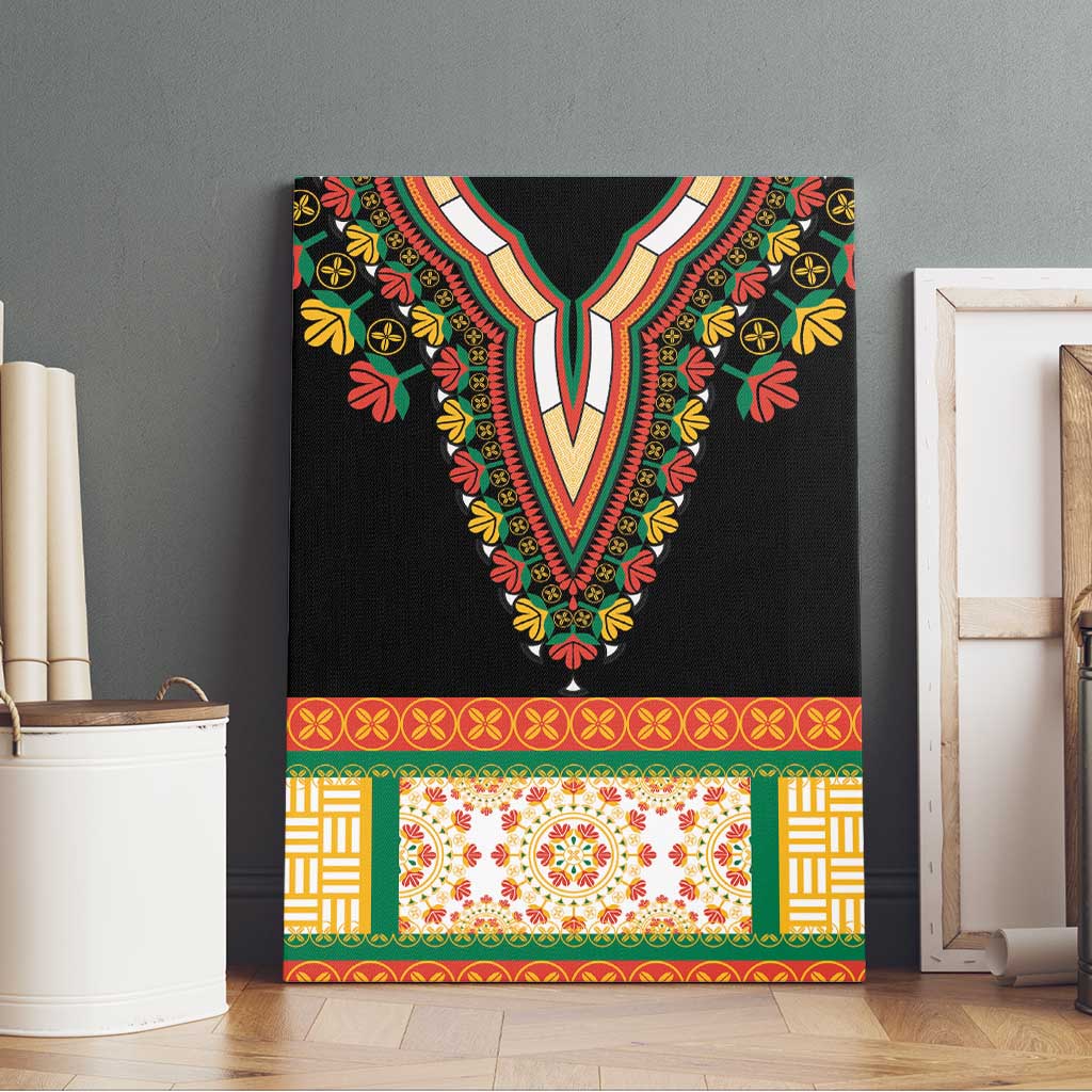 Black canvas wall art with embroidered floral V-neckline and multicolor striped bottom panel