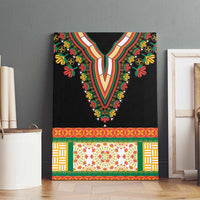 Black canvas wall art with embroidered floral V-neckline and multicolor striped bottom panel