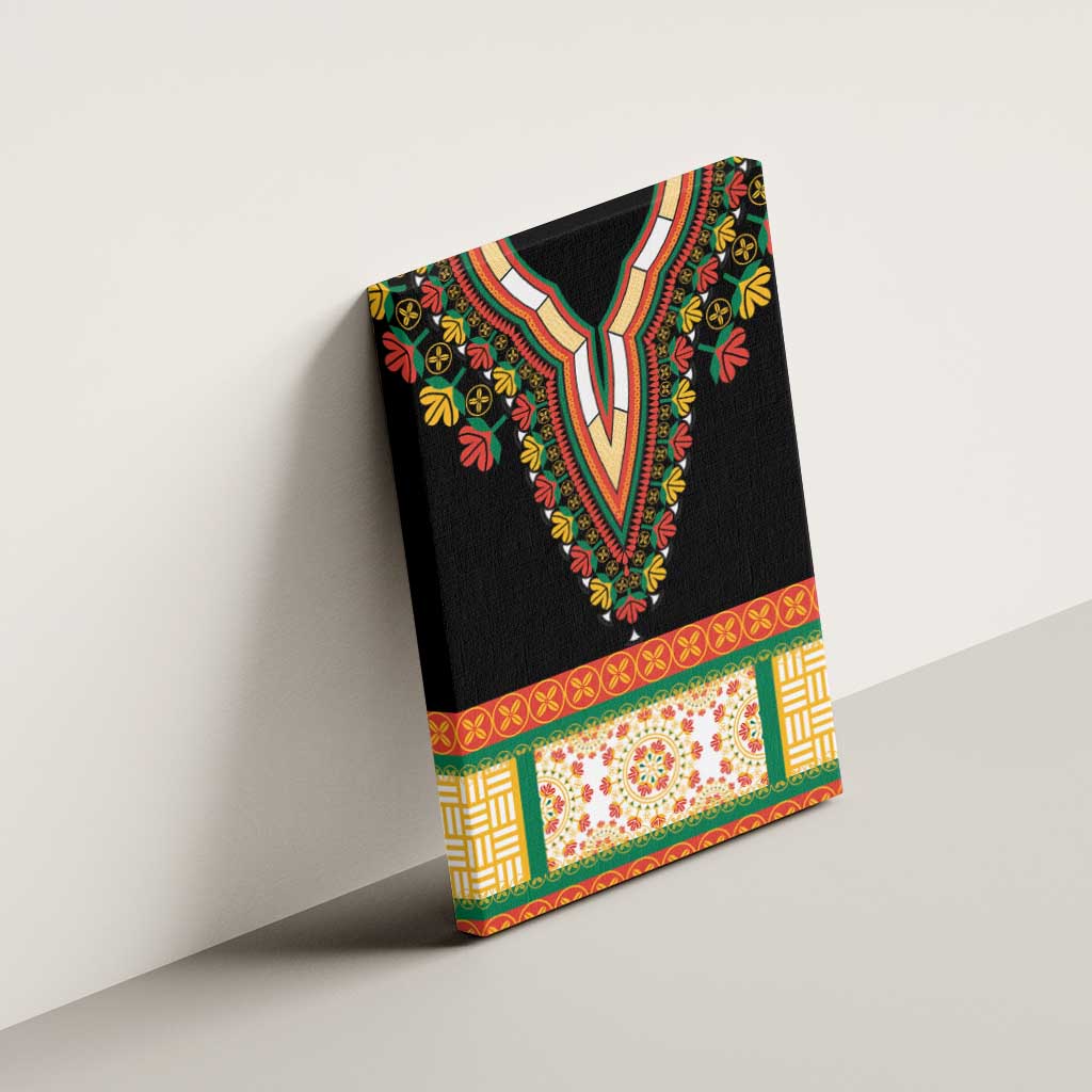 Black canvas wall art with embroidered floral V-neckline pattern and multicolor trim