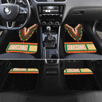 Black front car mats with colorful dashiki-style V neckline floral embroidery and geometric border