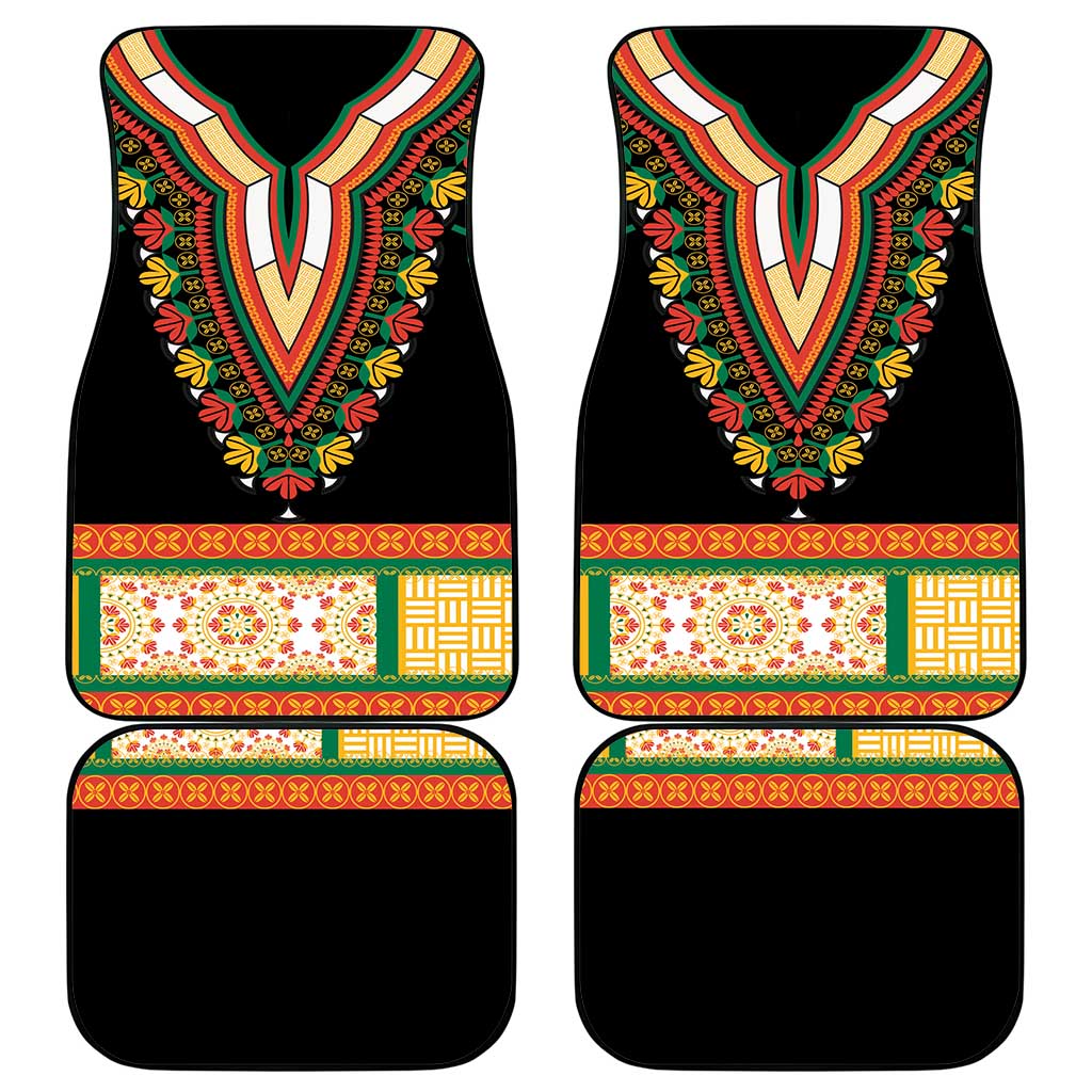Set of 4 black car floor mats with colorful dashiki V-neck floral embroidery and patterned trim