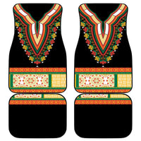 Set of 4 black car floor mats with colorful dashiki V-neck floral embroidery and patterned trim