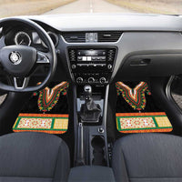 Black car floor mat set featuring colorful dashiki V-neck floral embroidery on both fronts