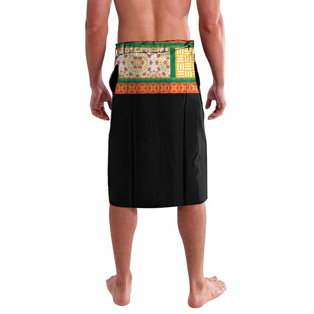 Black sarong skirt with colorful dashiki floral trim panel at waistband