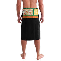 Black sarong skirt with colorful dashiki floral trim panel at waistband