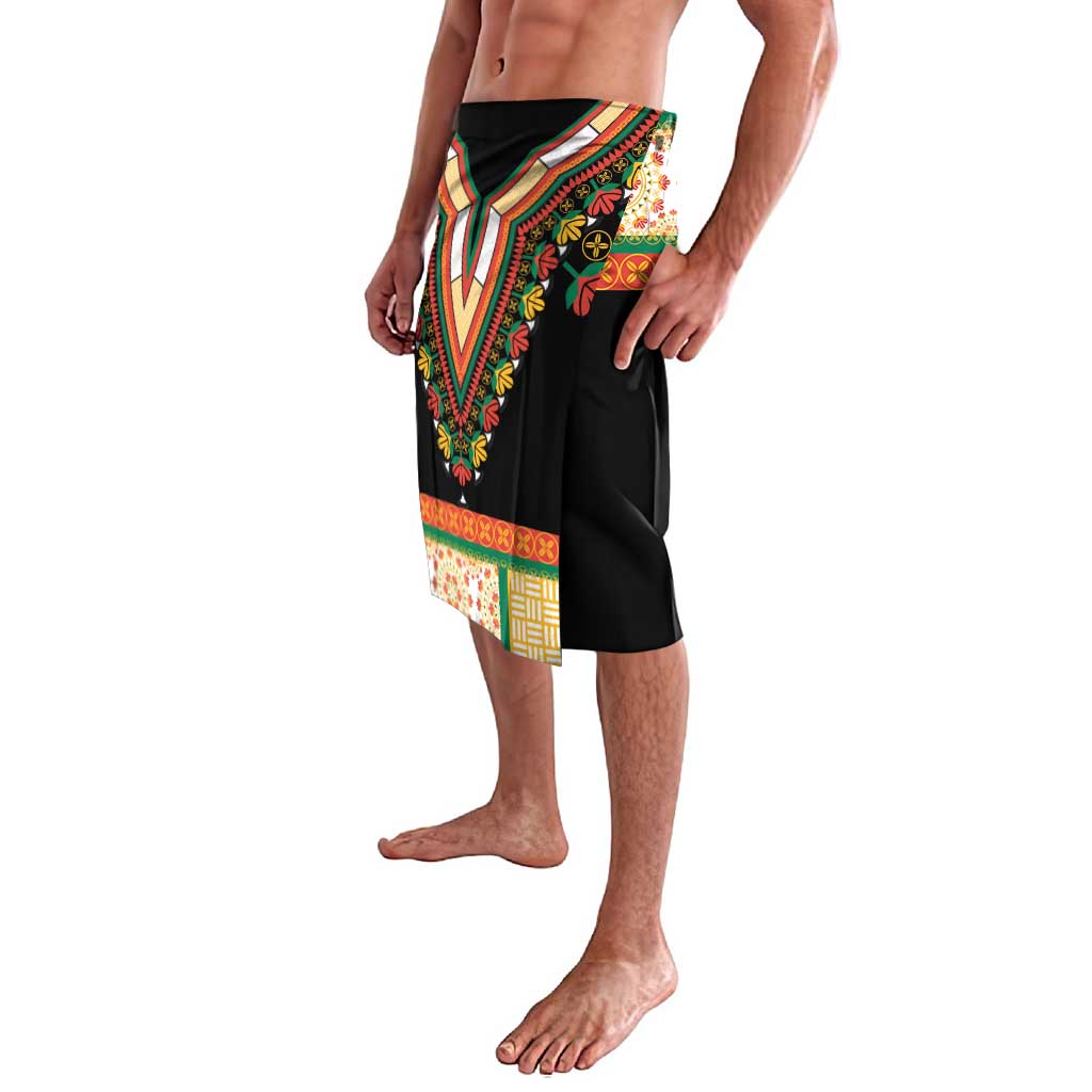 Black sarong skirt with multicolor dashiki patterned side panel and trim