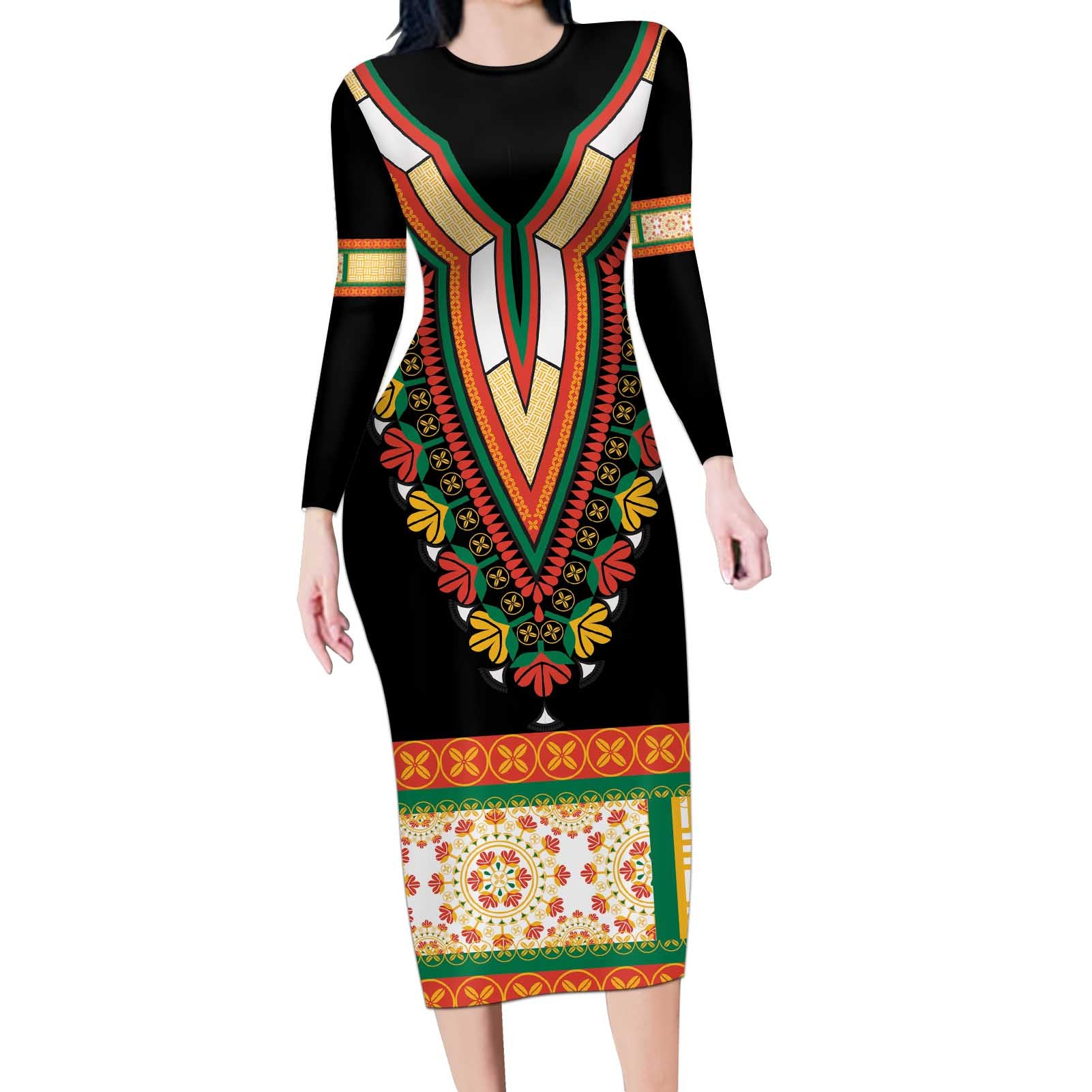 Africa Dashiki Long Sleeve Bodycon Dress Embroidery Neckline Floral Pattern - Wonder Print Shop