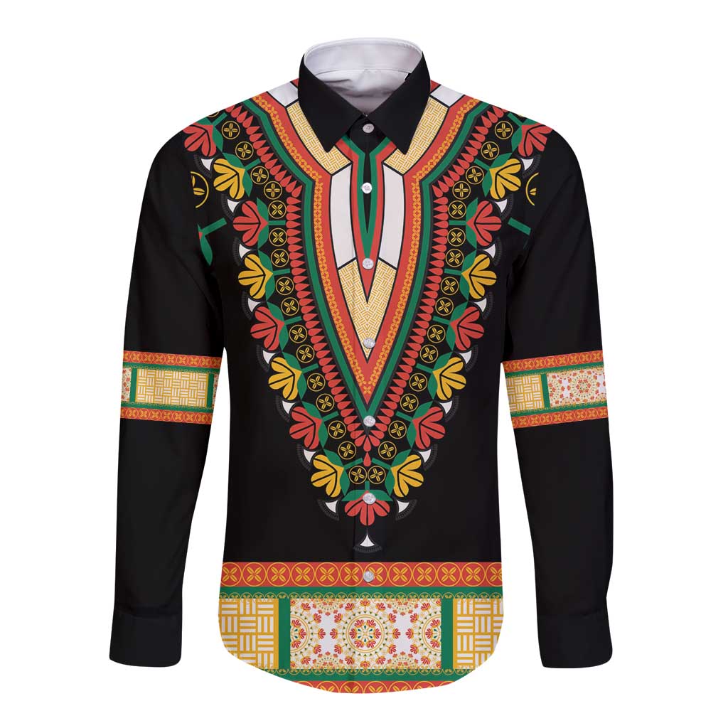 Black dashiki long-sleeve button shirt with colorful floral neckline embroidery