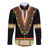 Black dashiki long-sleeve button shirt with colorful floral neckline embroidery