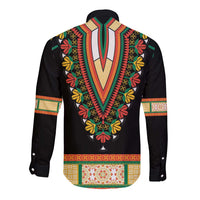 Black dashiki long-sleeve button shirt, back view with floral V-shaped embroidery