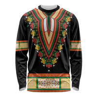 Black dashiki long-sleeve shirt, embroidered floral V neckline and patterned hem panel