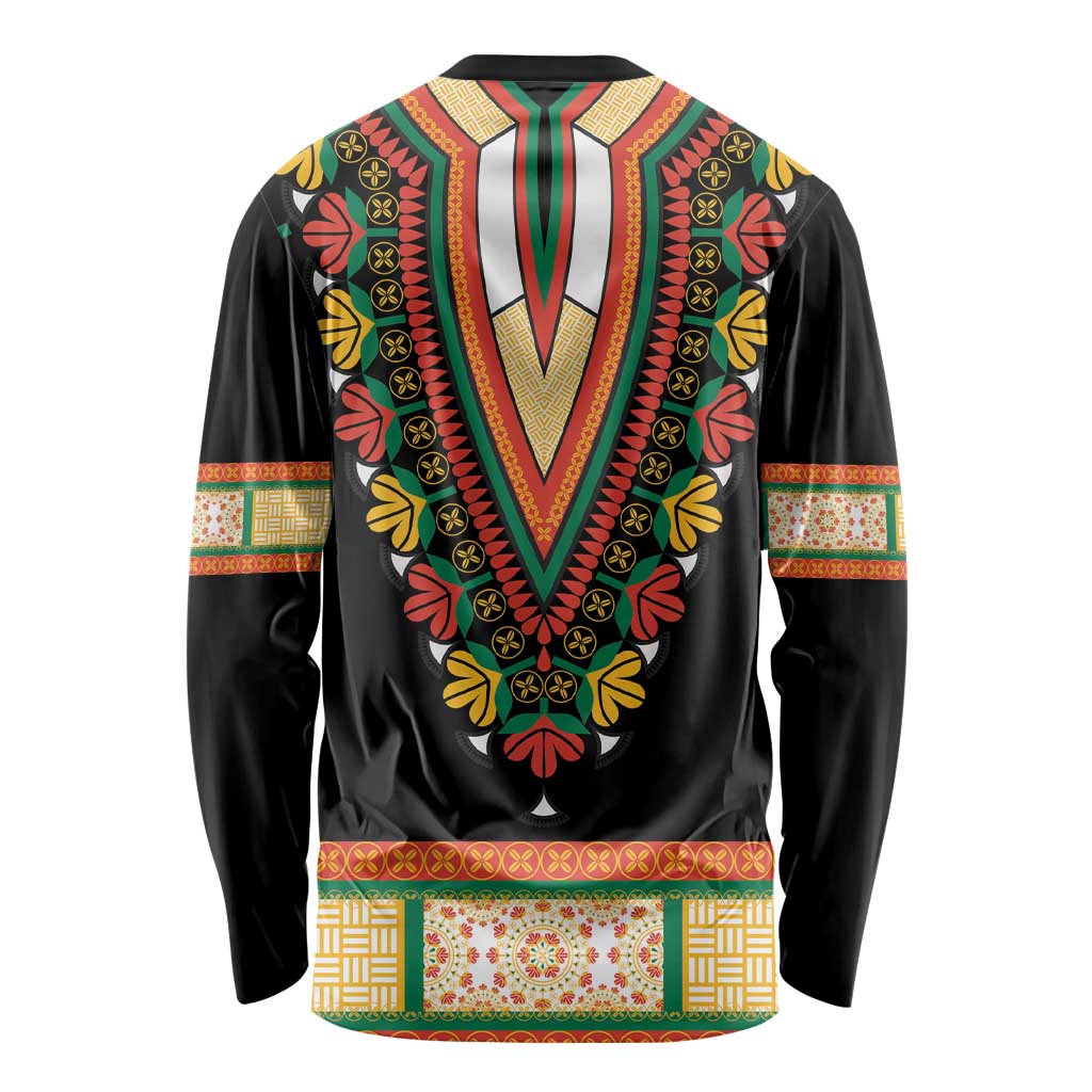 Black dashiki long-sleeve shirt with embroidered V neckline, floral chest motif and striped cuffs