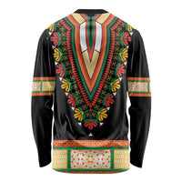 Black dashiki long-sleeve shirt with embroidered V neckline, floral chest motif and striped cuffs