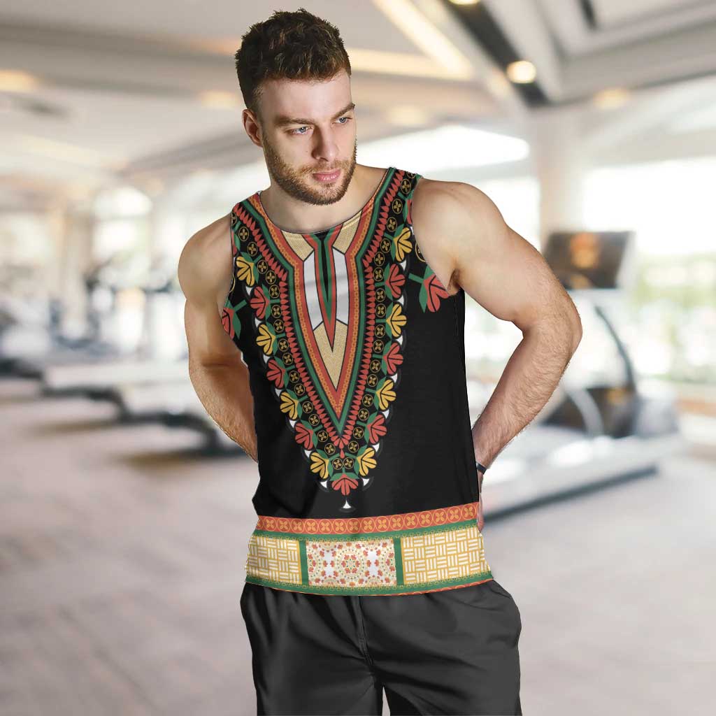 Africa Dashiki Men Tank Top Embroidery Neckline Floral Pattern - Wonder Print Shop