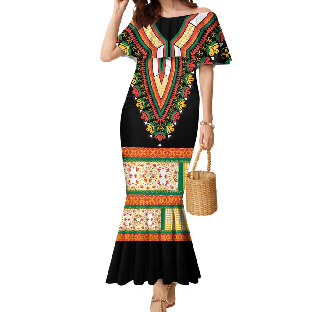 Africa Dashiki Mermaid Dress Embroidery Neckline Floral Pattern - Wonder Print Shop