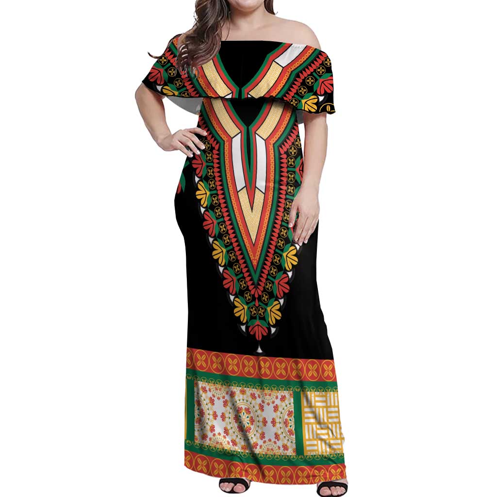 Africa Dashiki Off Shoulder Maxi Dress Embroidery Neckline Floral Pattern - Wonder Print Shop