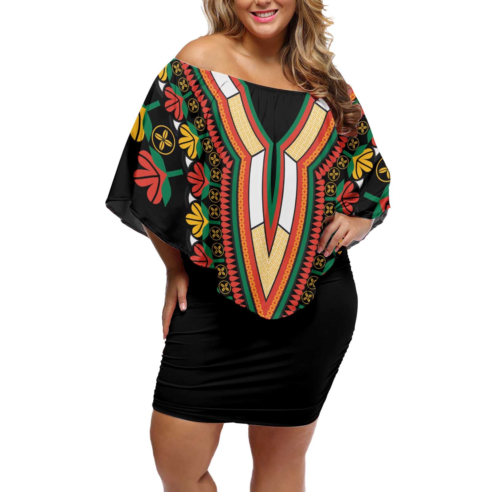 Africa Dashiki Off Shoulder Short Dress Embroidery Neckline Floral Pattern - Wonder Print Shop