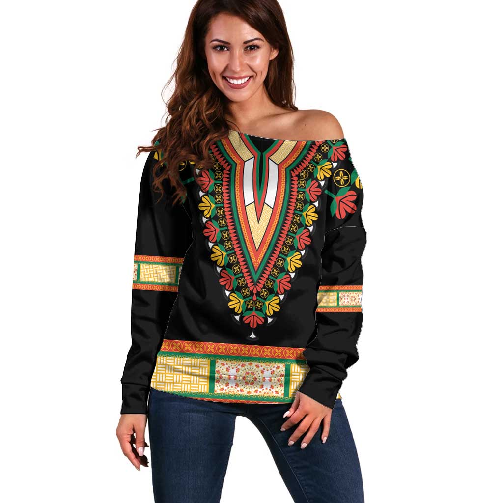 Africa Dashiki Off Shoulder Sweater Embroidery Neckline Floral Pattern - Wonder Print Shop