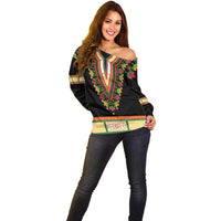 Black off-shoulder embroidered sweater with colorful V yoke and floral motifs, long sleeves