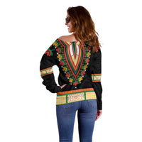 Black off-shoulder embroidered sweater with colorful banded cuffs and back panel, long sleeves