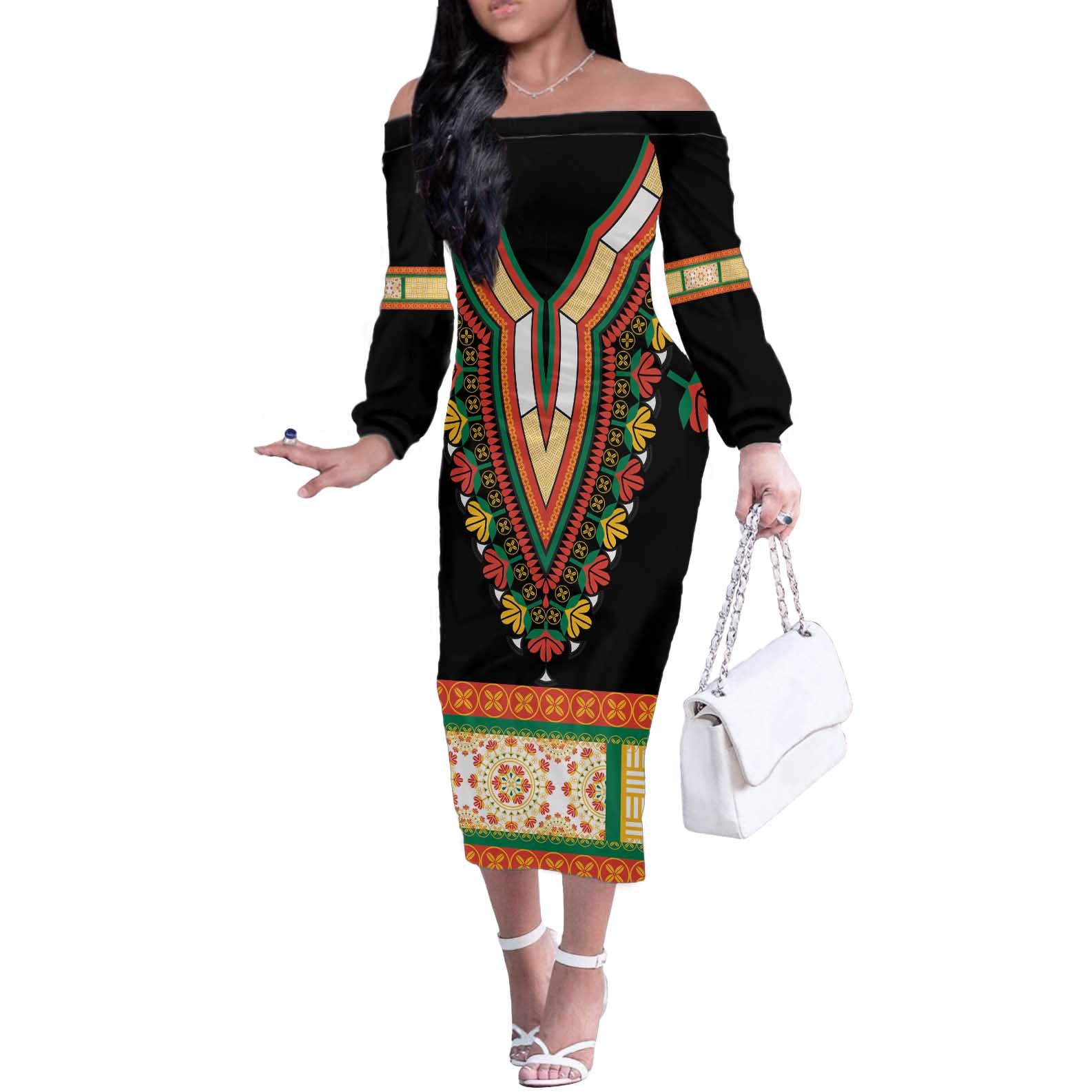 Africa Dashiki Off The Shoulder Long Sleeve Dress Embroidery Neckline Floral Pattern - Wonder Print Shop