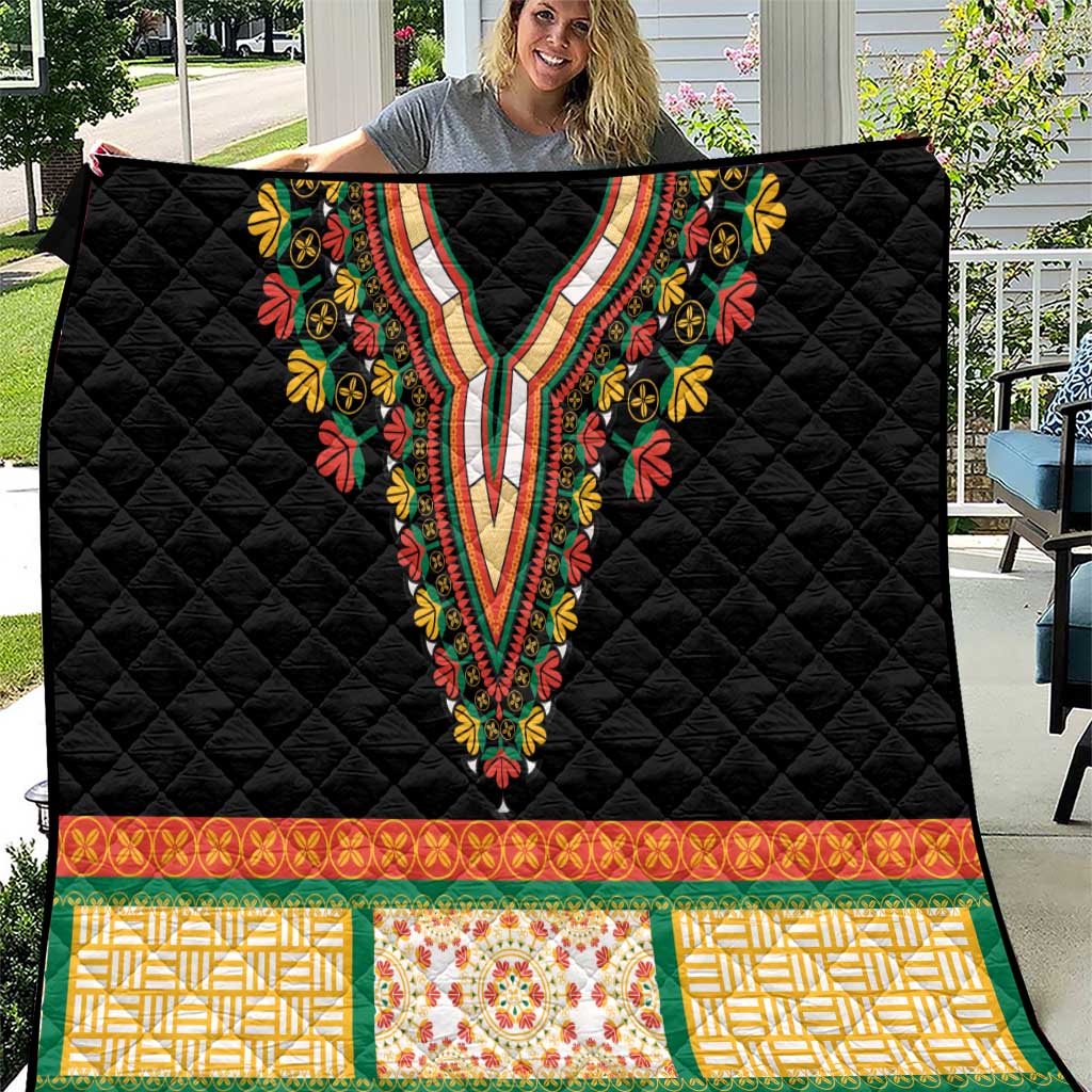 Black quilt with diamond texture, embroidered V-neck floral neckline, green-orange patterned hem