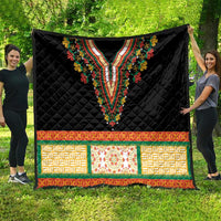 Black quilt blanket with diamond stitching and V-neck floral embroidery, colorful patterned border