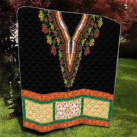 Black quilt blanket with diamond quilting and embroidered V-neck floral design, multicolor border strip