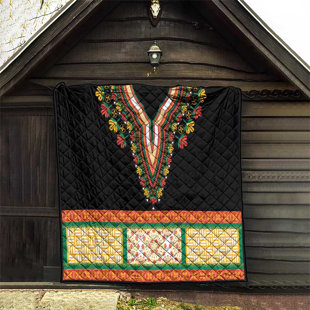 Black quilt with diamond quilting and embroidered V-shaped neckline, multicolor dashiki pattern band