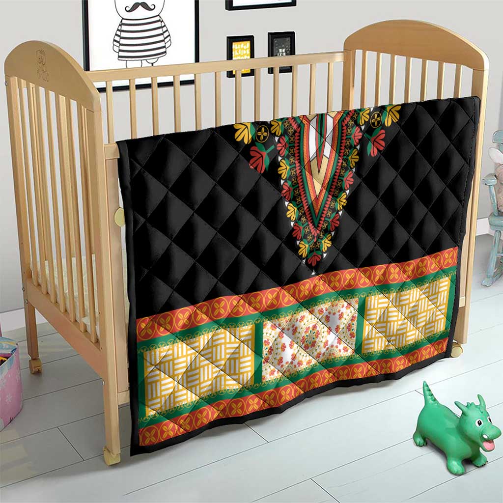 Black quilt blanket with embroidered V-neck floral center and green-orange patterned border hem