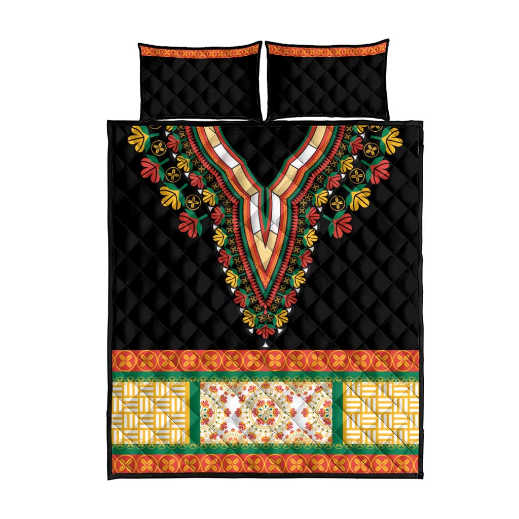 Black quilt bed set with embroidered floral V-neck panel, two matching pillows