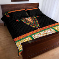 Black quilt bed set with embroidered V panel and multicolor border, with two pillows