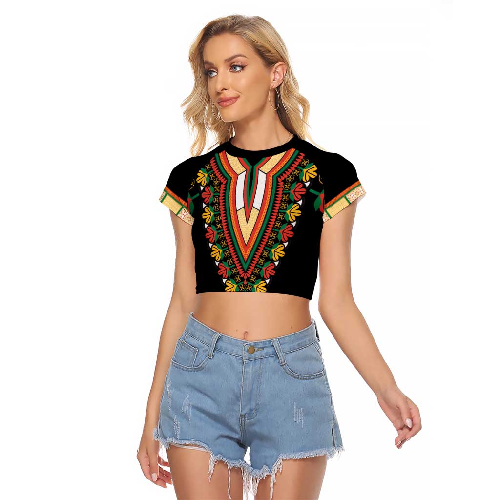 Africa Dashiki Raglan Cropped T Shirt Embroidery Neckline Floral Pattern - Wonder Print Shop