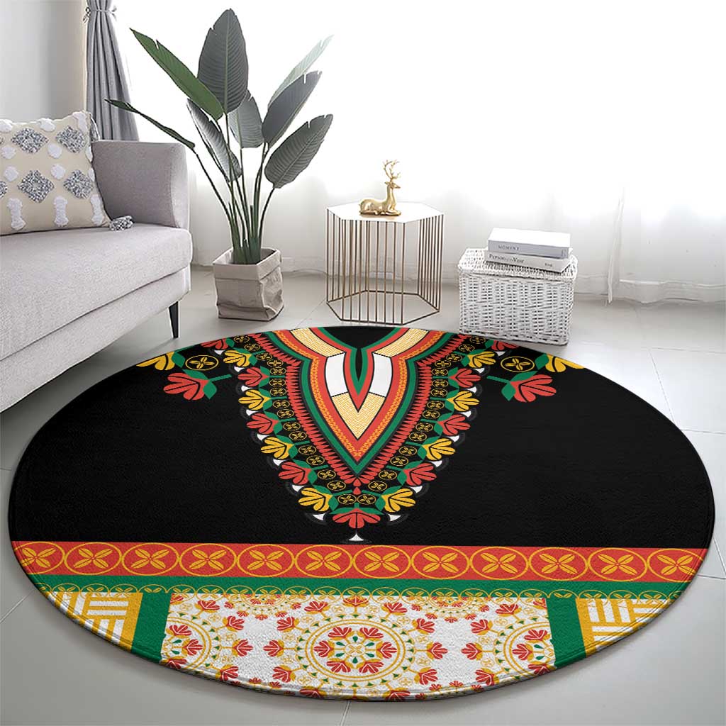 Black round embroidered carpet with bold V motif, floral details, and decorative border