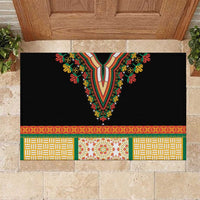 Black rubber doormat with colorful V-shaped dashiki neckline embroidery and floral border