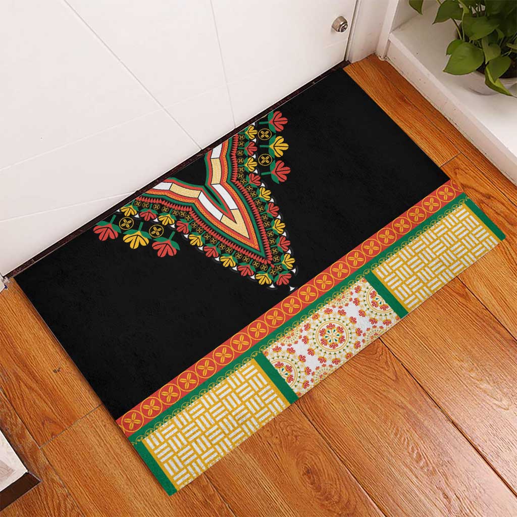 Black rubber doormat featuring central V neckline embroidery with multicolor floral trim