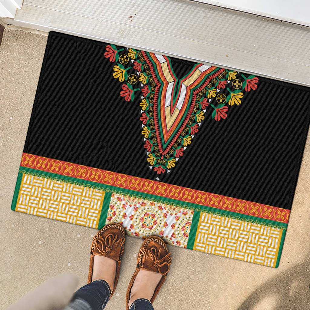Black rubber doormat with colorful neckline embroidery, geometric panels, and floral band