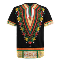 Black dashiki rugby jersey back with V-shaped floral embroidery and colorful lower band